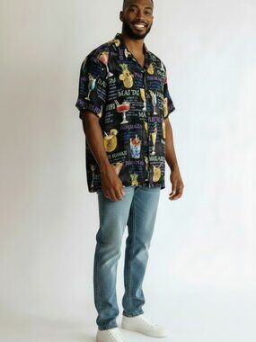 Vintage Mens XL Hawaiian Camp Button Up Shirt Cocktail Recipes Resort Vacation